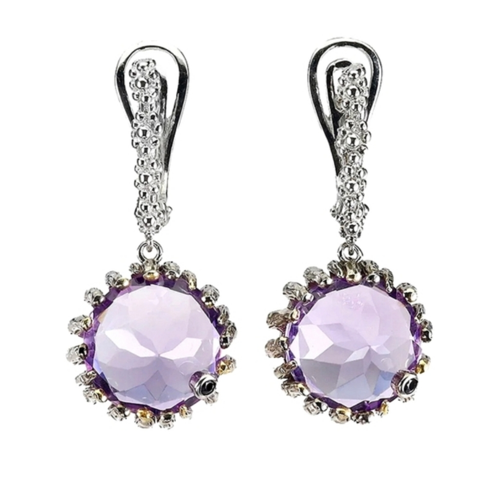 Natural Purple Amethyst 11mm & Black Spinel 925 Sterling Silver Earrings